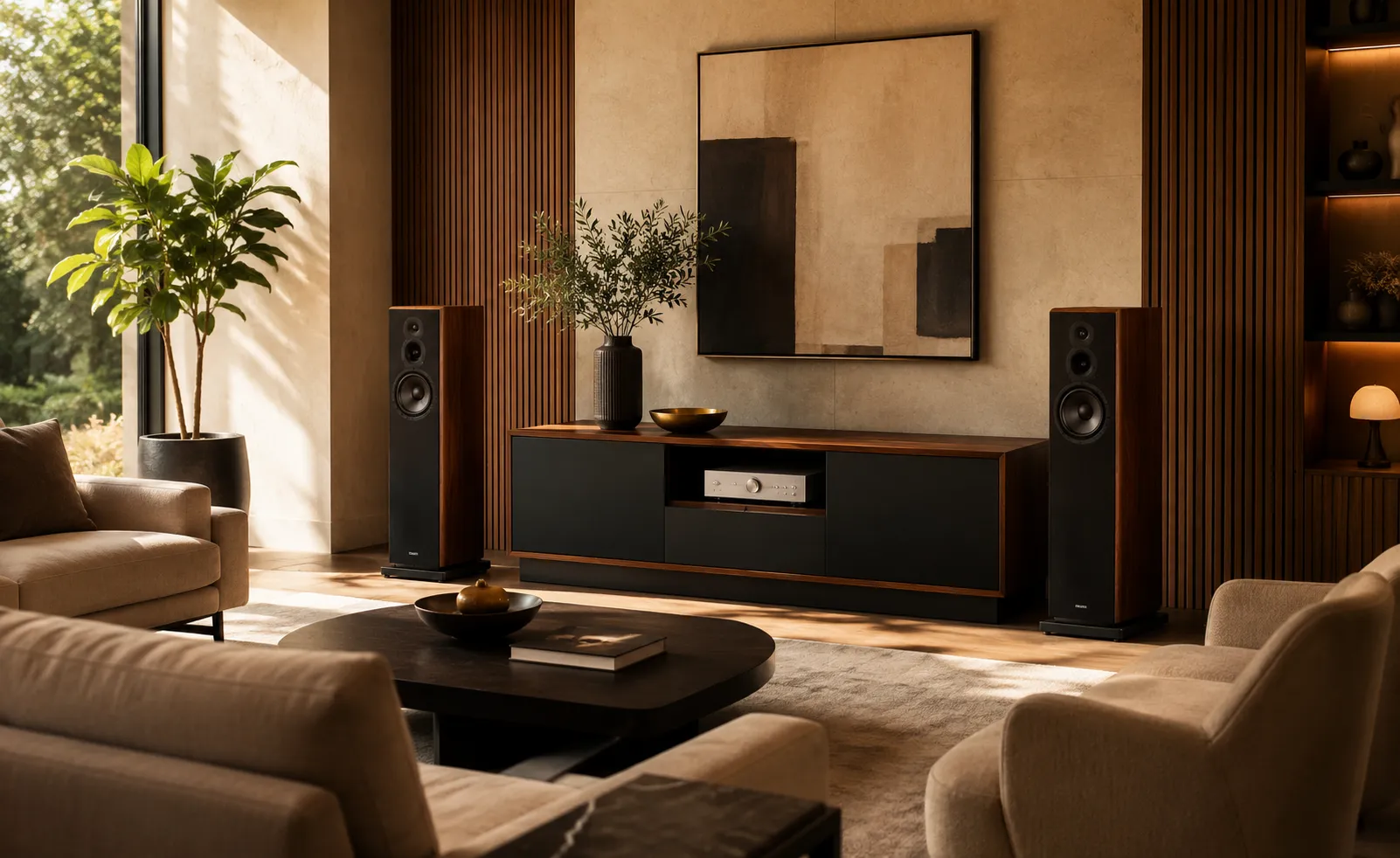 Sala residencial con sistema Audio Hi-Fi estéreo DG Audiosound