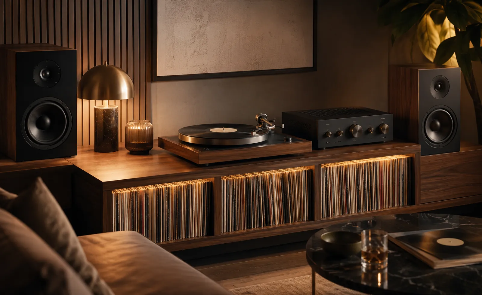 Zona de vinilos con tornamesa y sistema Hi-Fi DG Audiosound