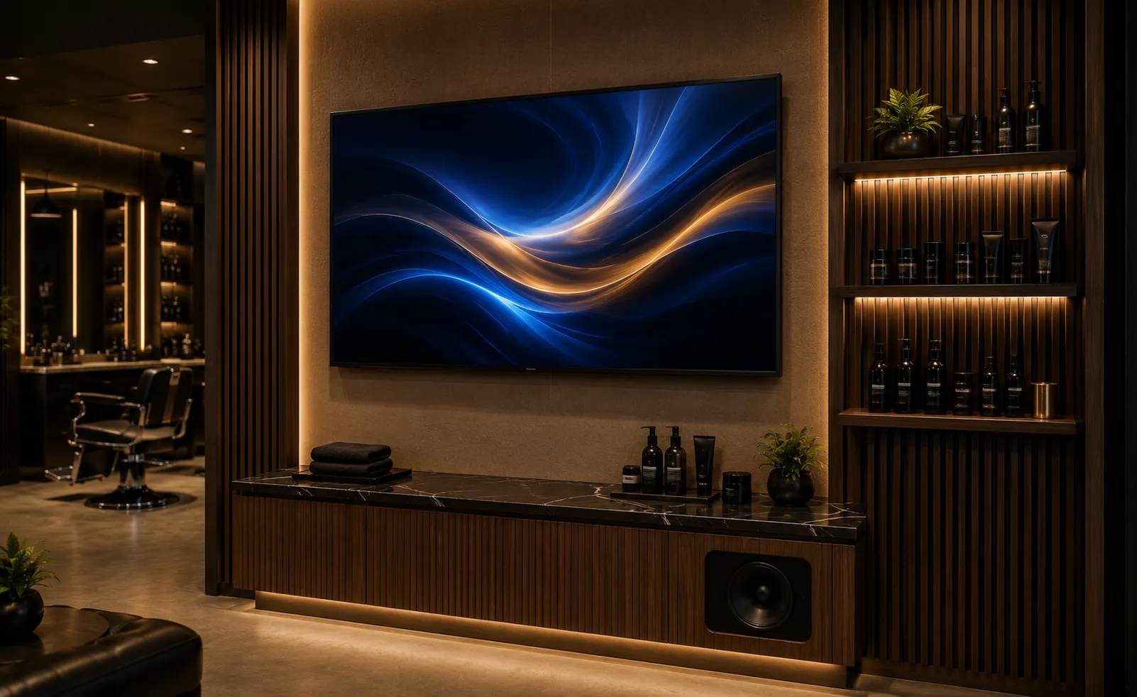 Pantalla de servicios y promociones para barbería DG Audiosound