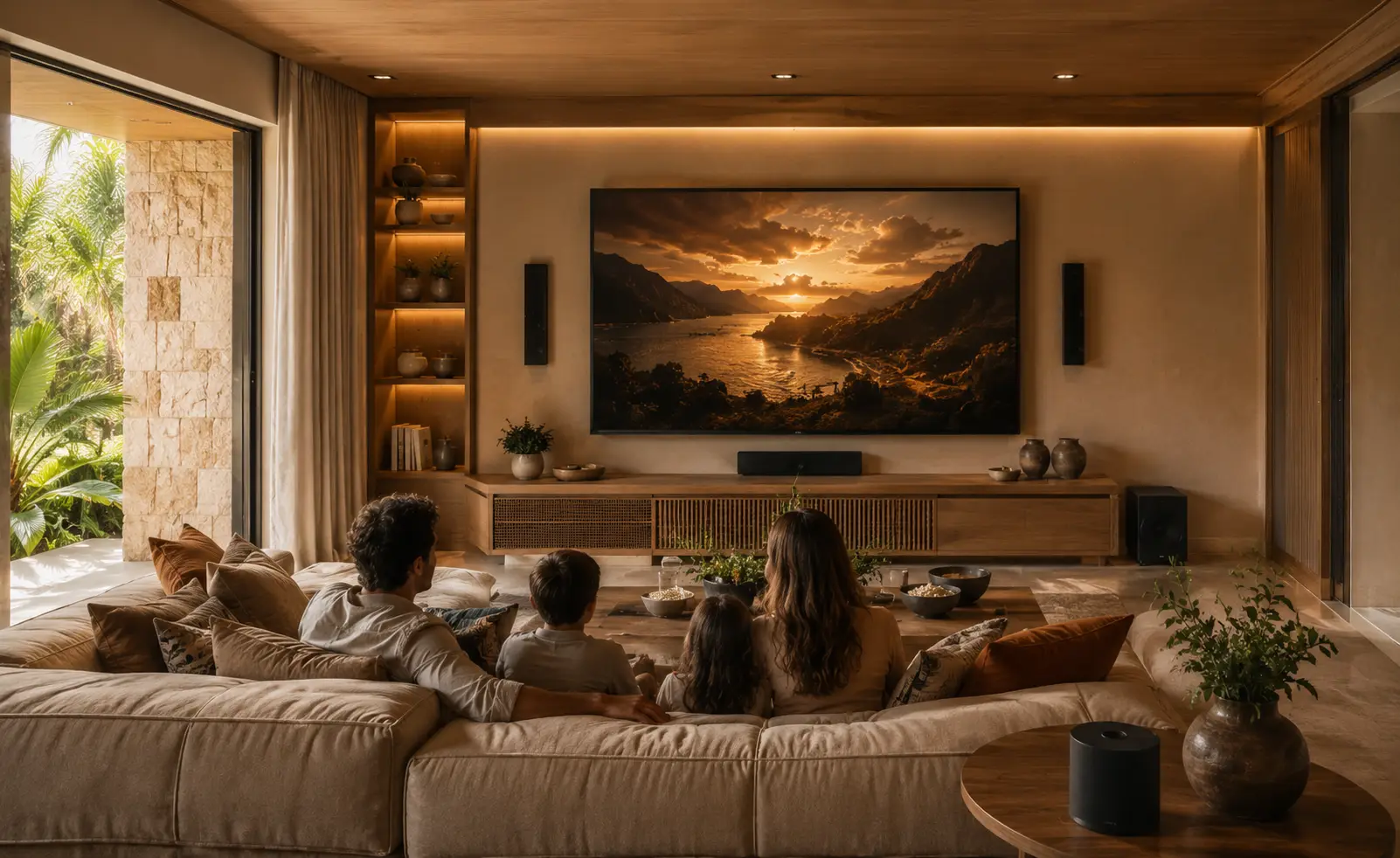 Family room con sistema de cine en casa y audio envolvente DG Audiosound