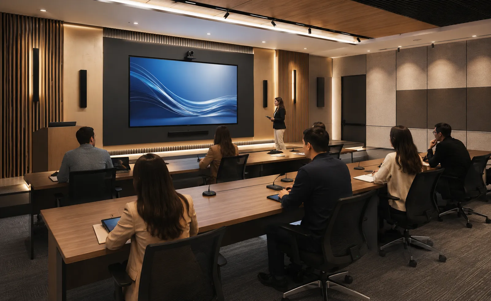 Sala de capacitación educativa con pantalla y videoconferencia