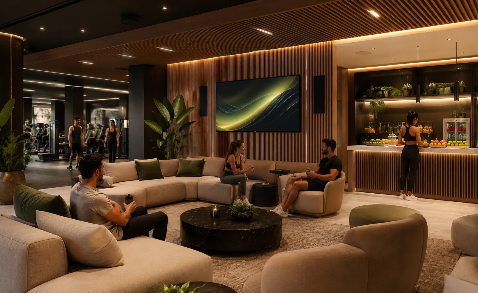 Audio y video para zona lounge de gimnasio o espacio fitness