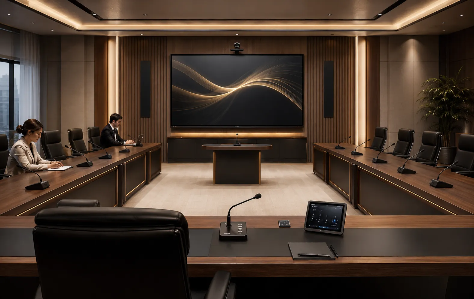 Sala institucional de gobierno con videoconferencia, audio y pantalla profesional
