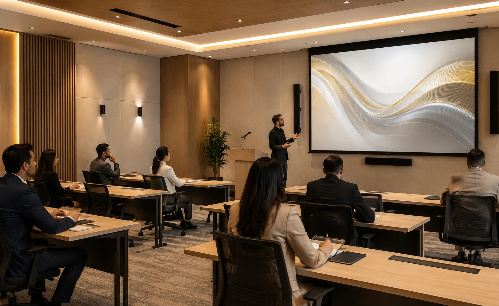 Sala de capacitación de gobierno con audio y pantallas profesionales