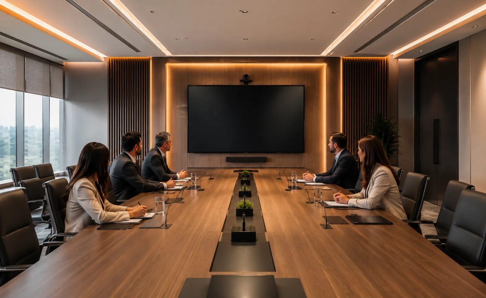 Sala de juntas de gobierno con pantalla, audio y videoconferencia