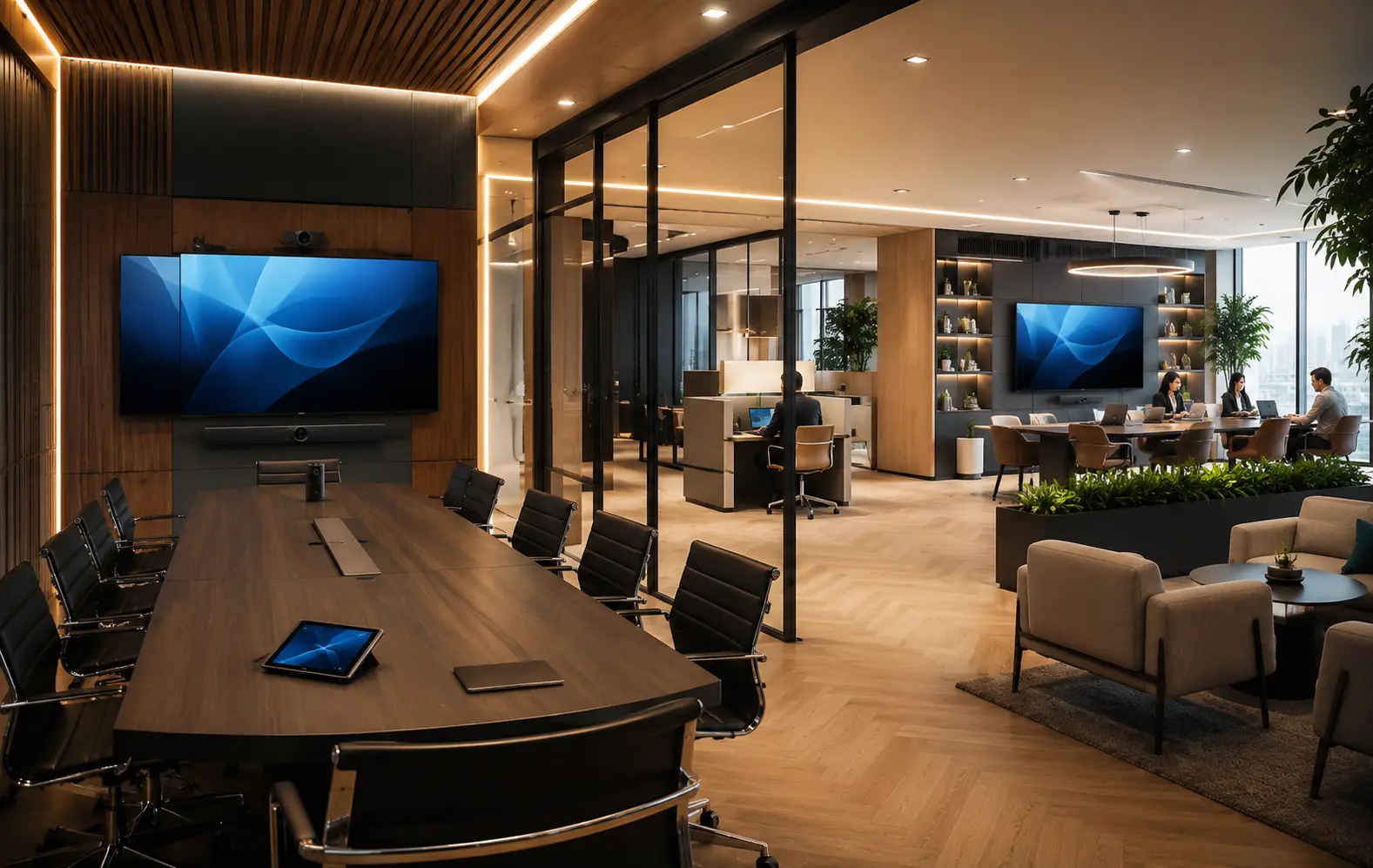 Área colaborativa corporativa con soluciones audiovisuales