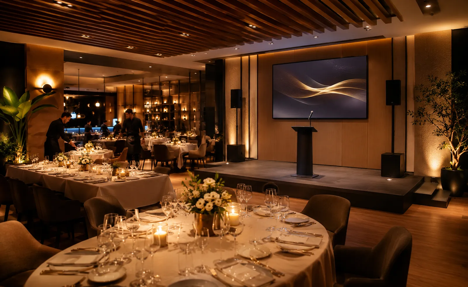 Audio, video y microfonía para zona de eventos en restaurante