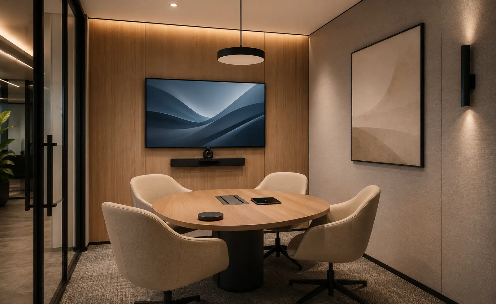 Huddle room corporativo para reuniones rápidas con videoconferencia