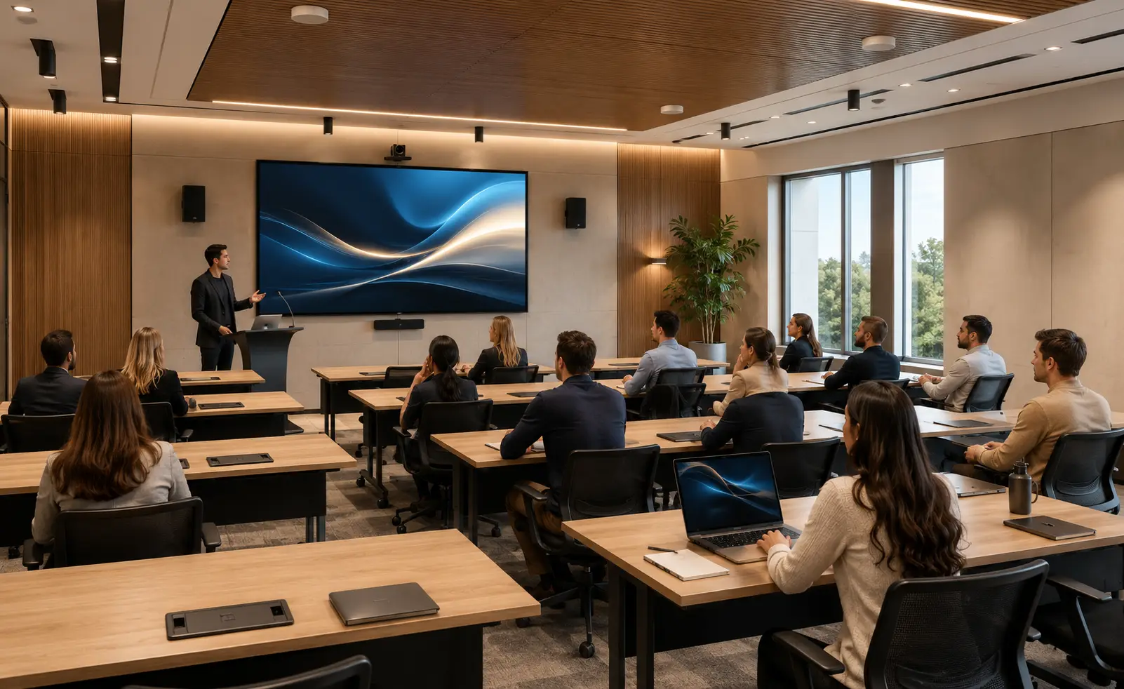 Sala de capacitación corporativa con audio, video y presentación