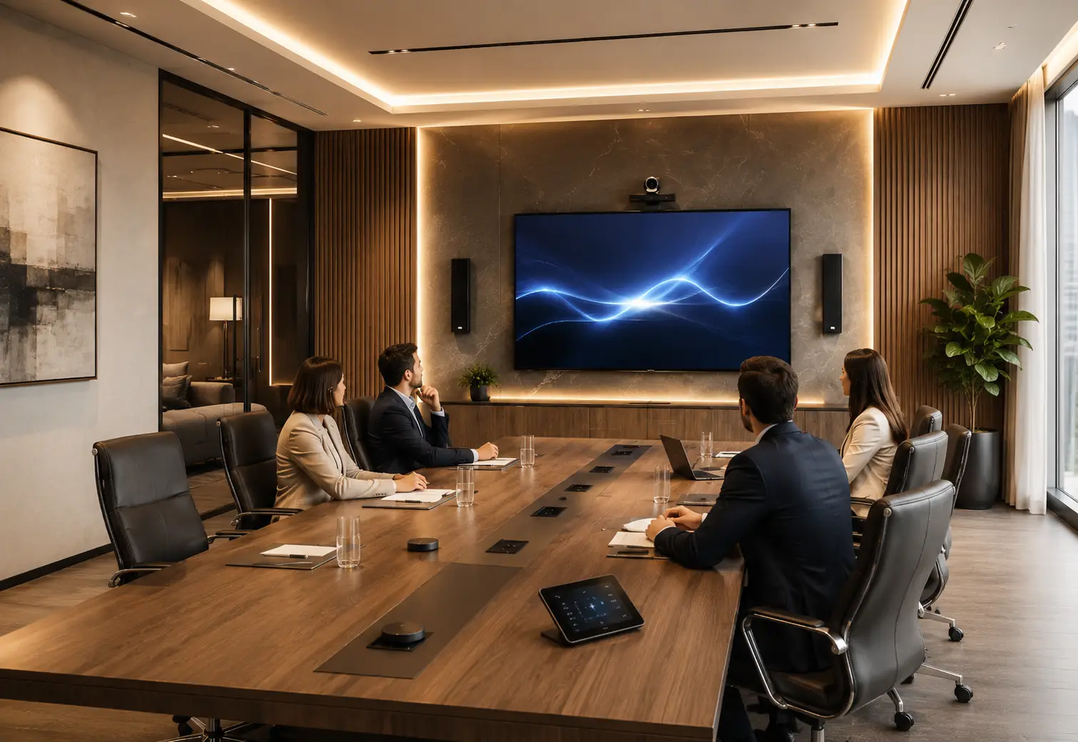 Sala de juntas de hotel con videoconferencia y pantalla profesional