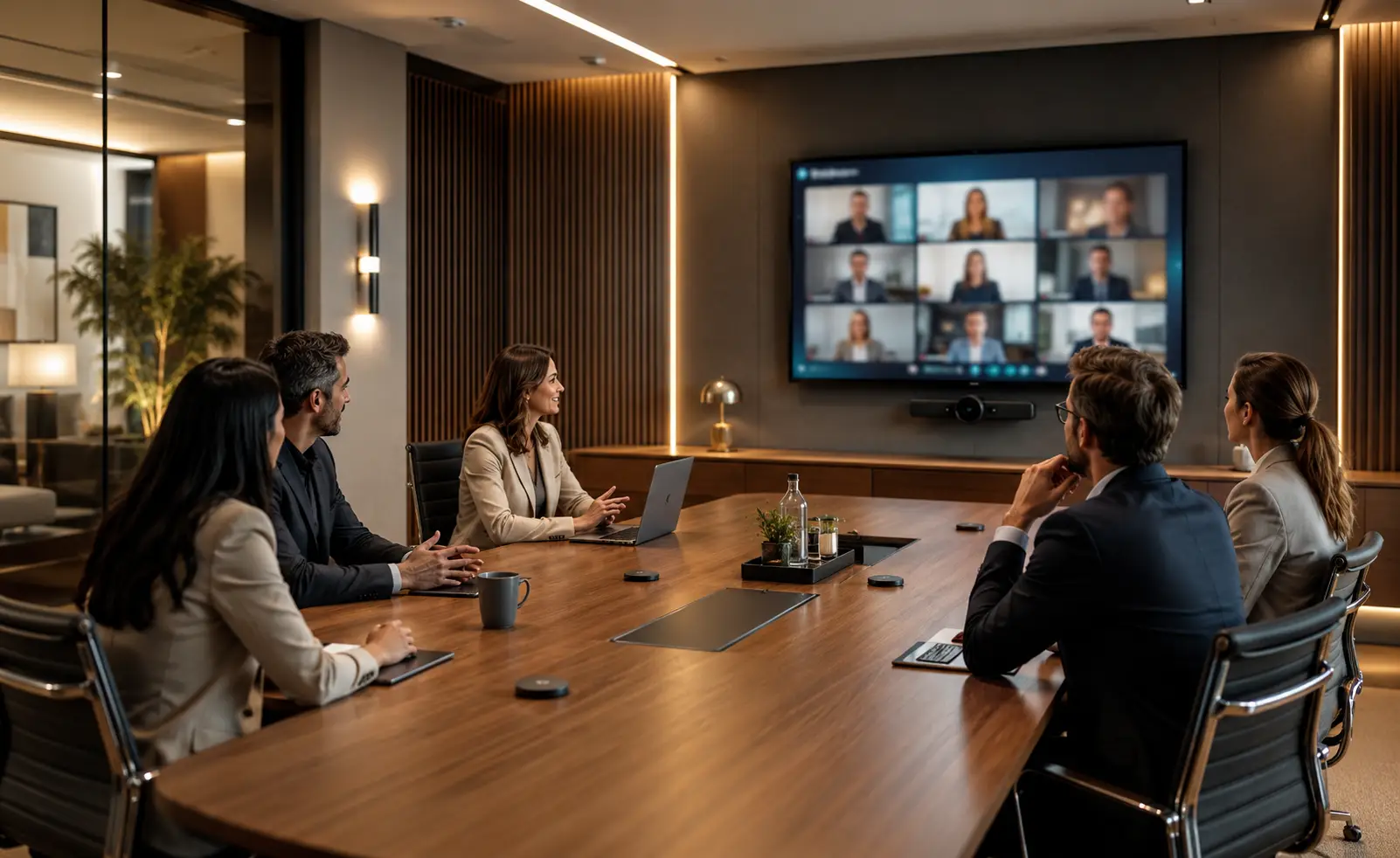 Sala de juntas híbrida para participantes presenciales y remotos