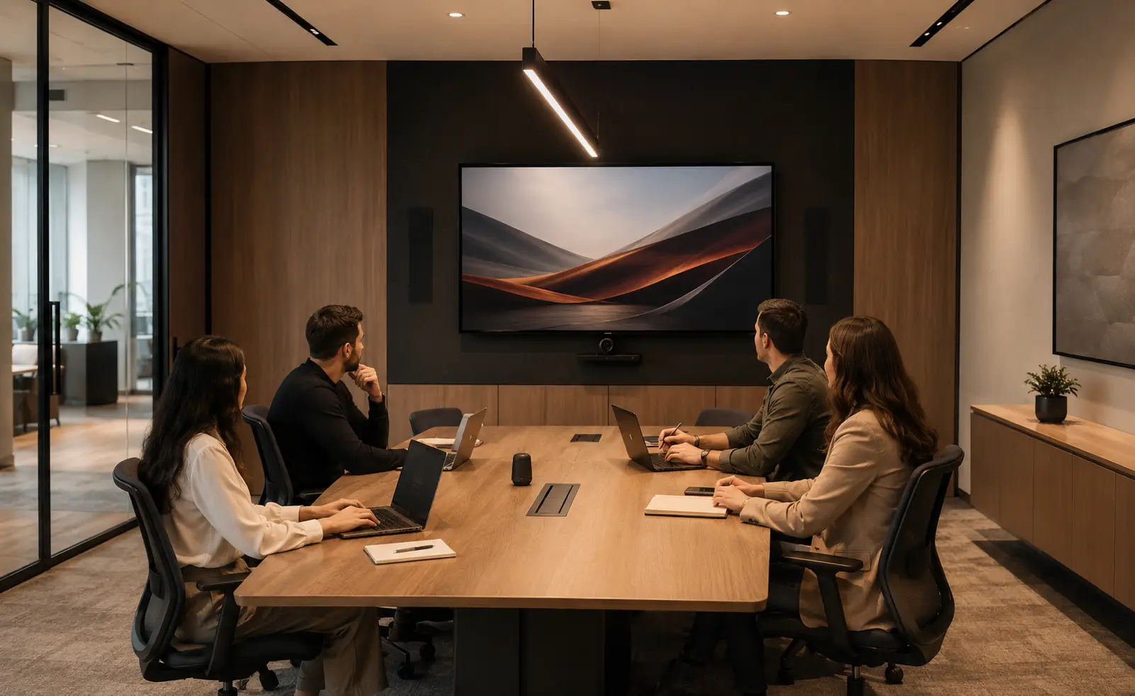 Sala de juntas mediana equipada para presentación y videoconferencia