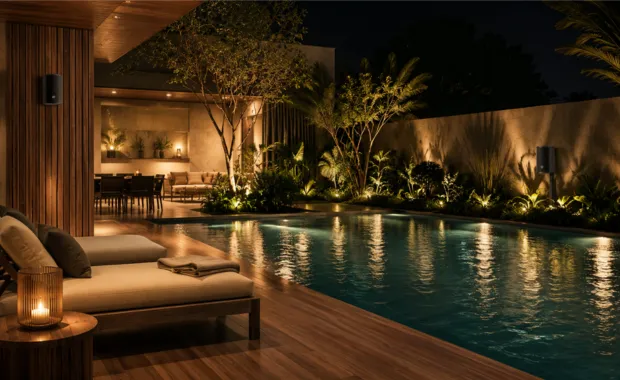Terraza y alberca de hotel con audio ambiental para exteriores